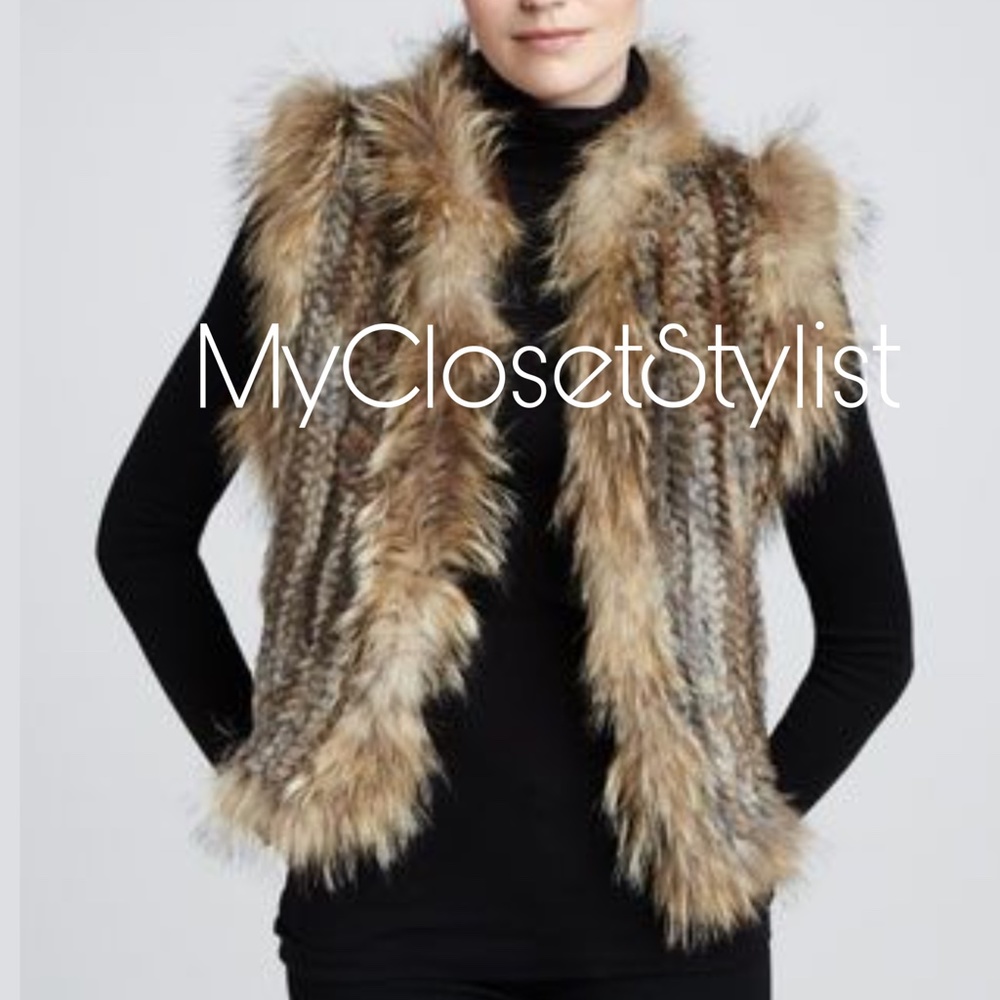 Neiman Marcus REX RABBIT Fur Knit Vest Raccoon Large L NEW - Picture 1 of 4